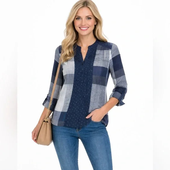 Lucky Brand Dark Blue Blouse with White Accents - Picture 1 of 8